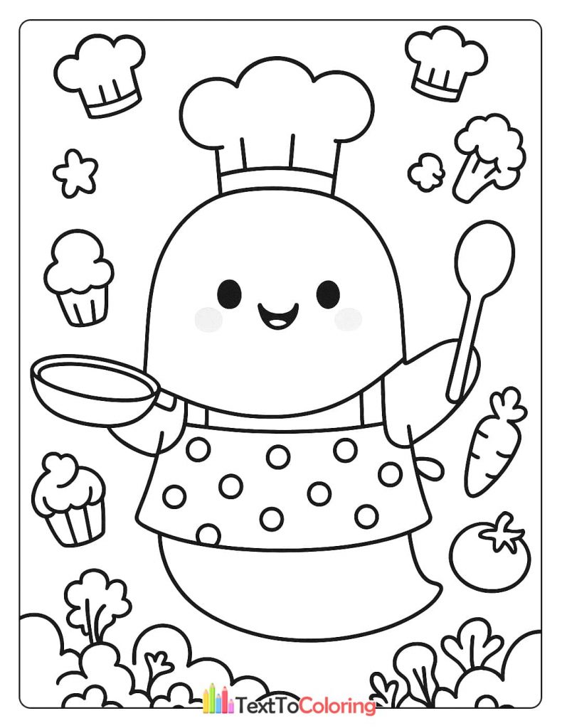 Cute ghost wearing a chef hat and apron holding a pan and spoon surrounded by vegetables and cupcakes