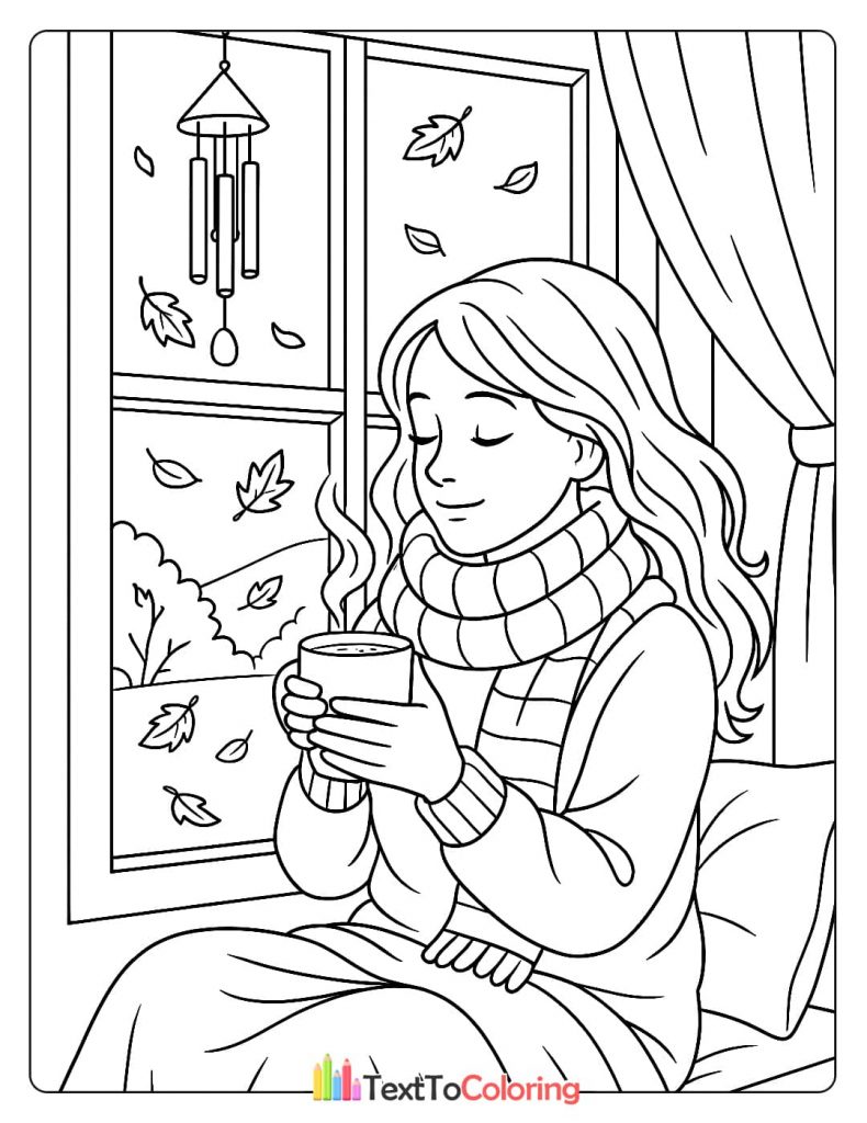 Girl in scarf holding mug by window autumn leaves wind chime coloring page