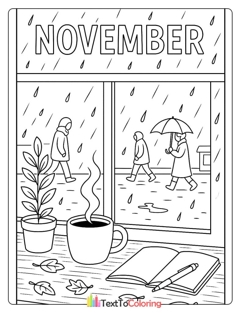 Indoor scene looking out window at November rain hot drink notebook fall leaves coloring page