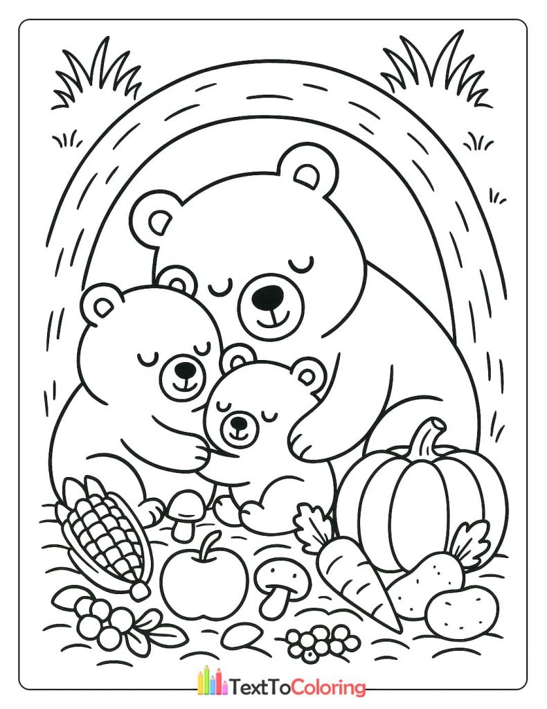 Three Bears Sleeping Next To Pumpkin Corn Apple Carrot Berries