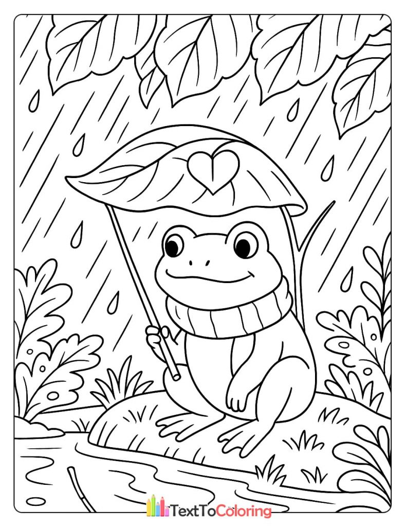 Cute frog in a scarf sitting in the rain holding a large leaf as an umbrella coloring page