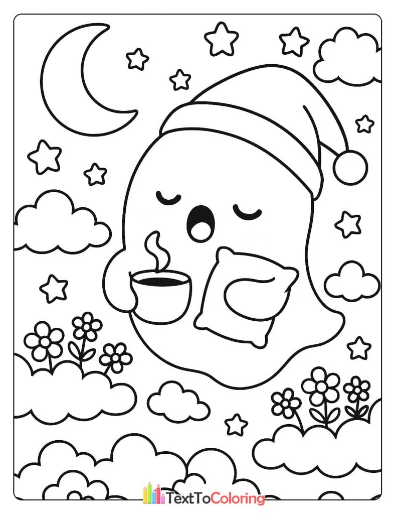 Sleeping ghost in a nightcap holding a hot drink and pillow with moon and stars background