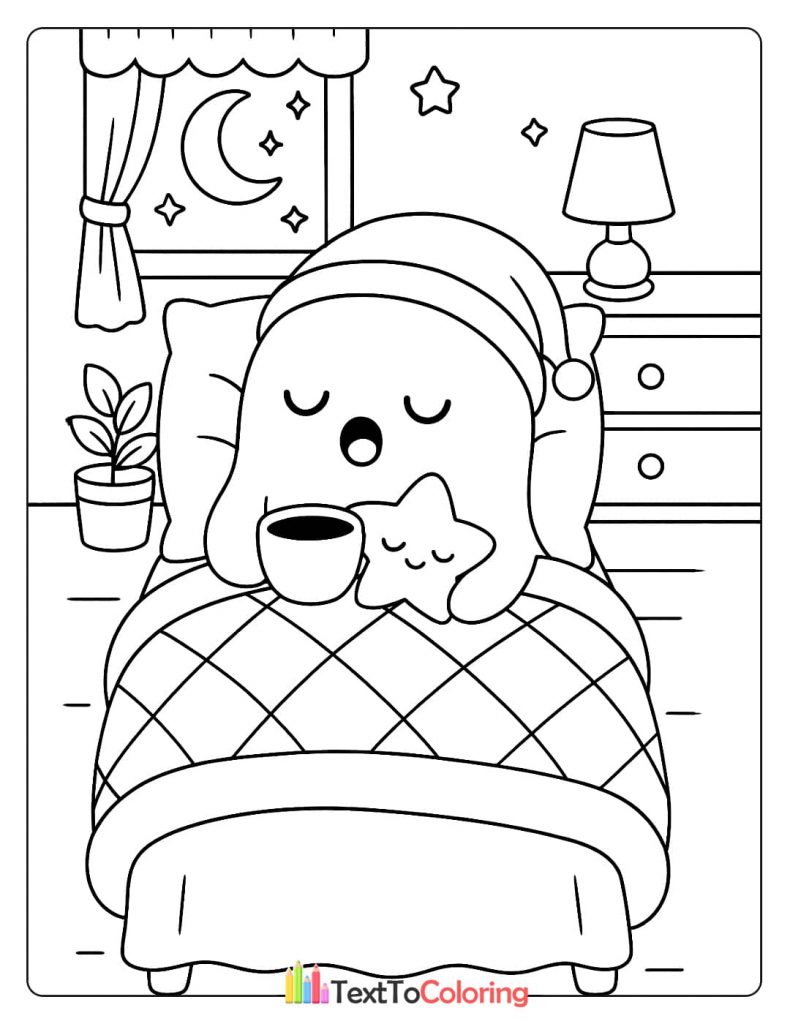 Kawaii ghost with a nightcap sleeping in a bed holding a star pillow and cup of hot drink