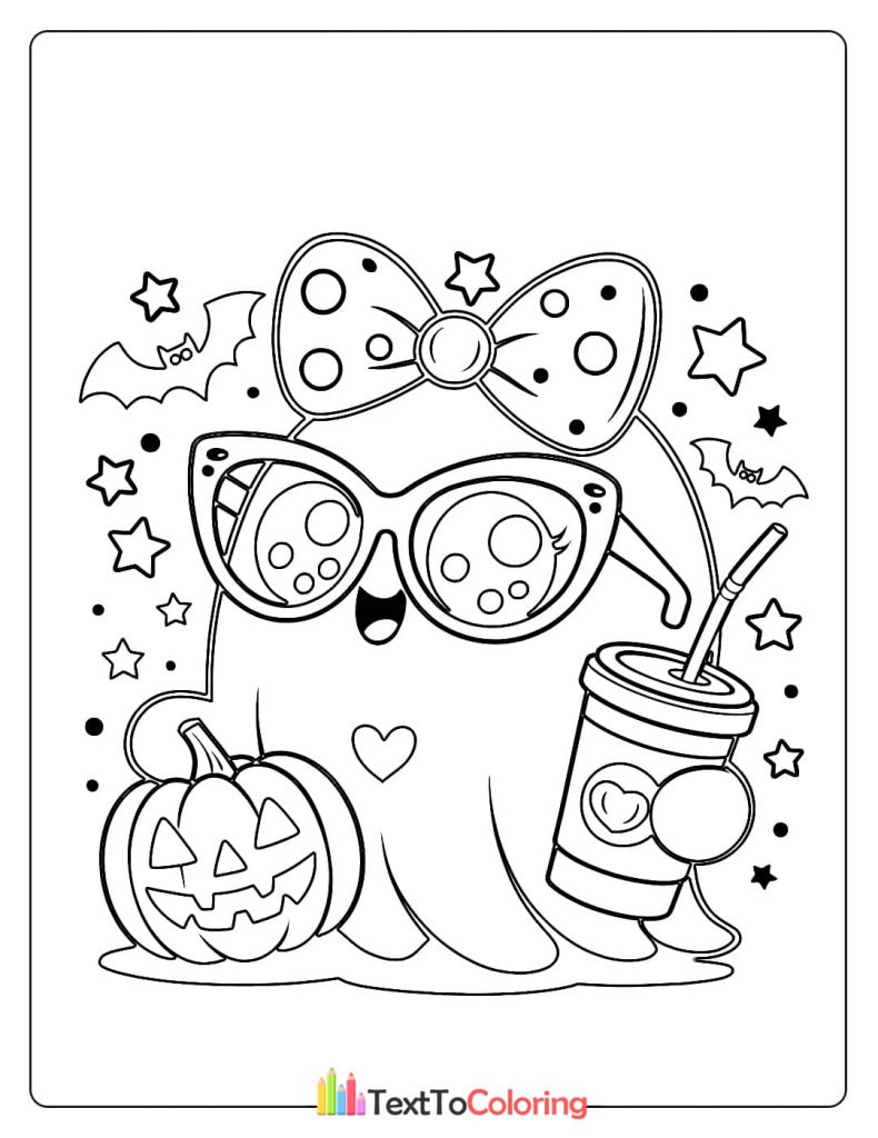 Kawaii ghost with a big polka dot bow and oversized sunglasses holding a pumpkin and cold drink