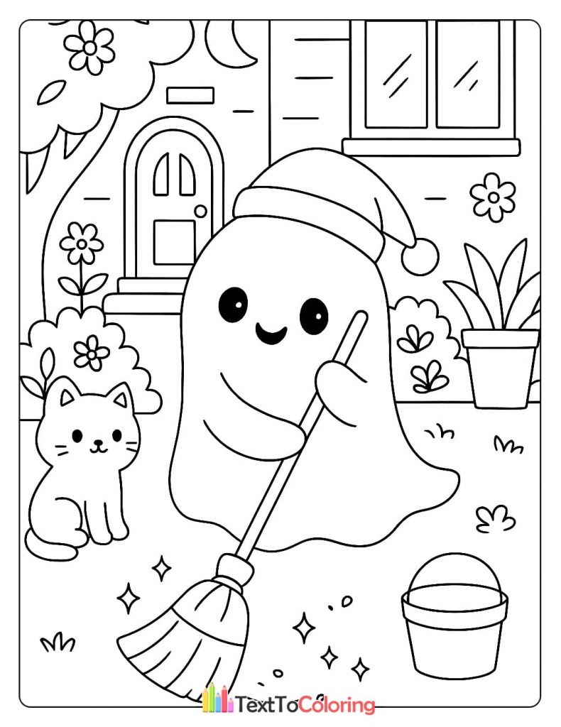 Kawaii ghost in a santa hat sweeping with a broom outside a house next to a cute cat and bucket