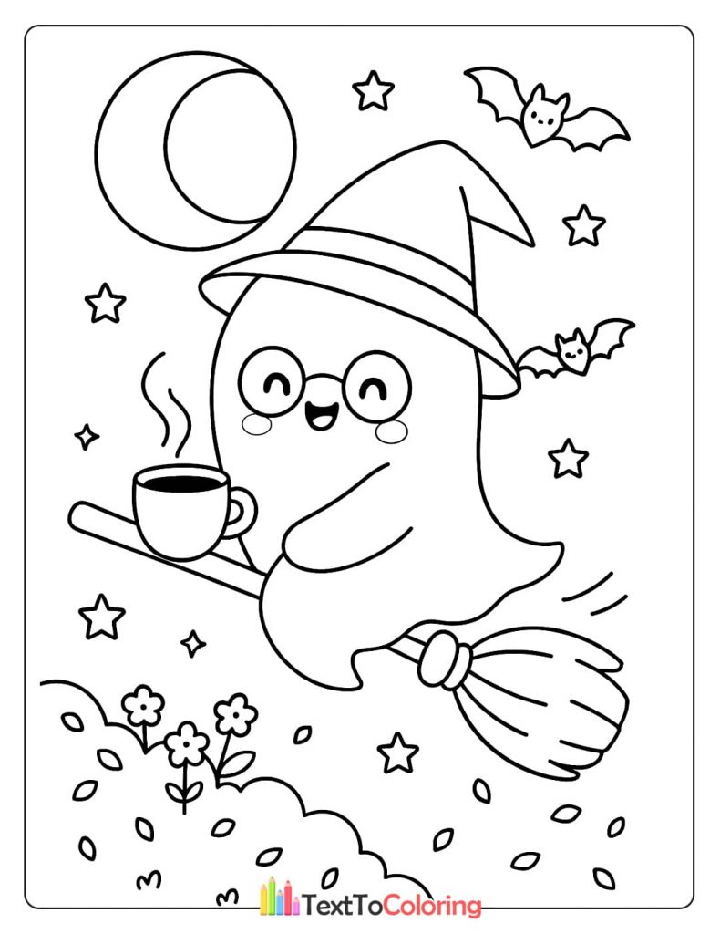 Kawaii ghost with a witch hat and glasses flying on a broomstick holding a cup of hot drink