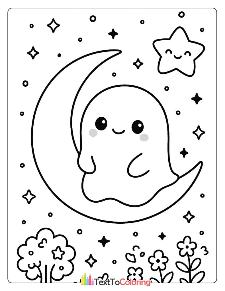 Kawaii ghost sitting on a crescent moon with a happy star and flowers below