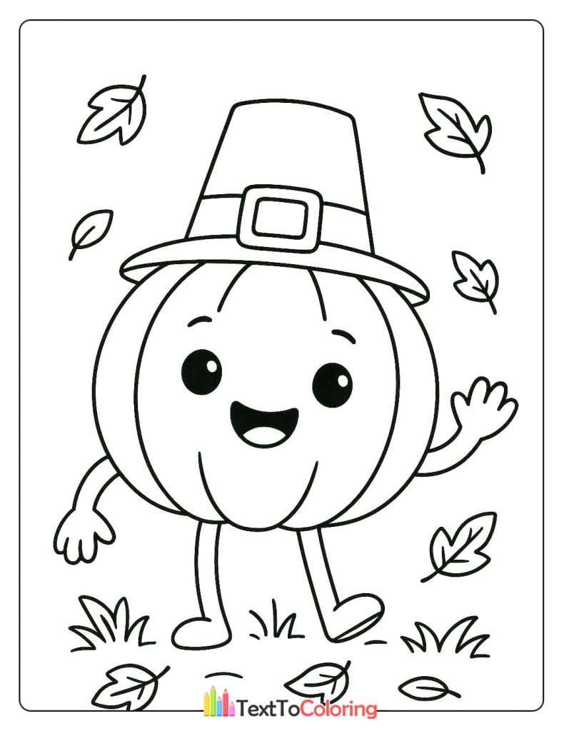 Happy Pumpkin Wearing A Pilgrim Hat Waving Fall Leaves