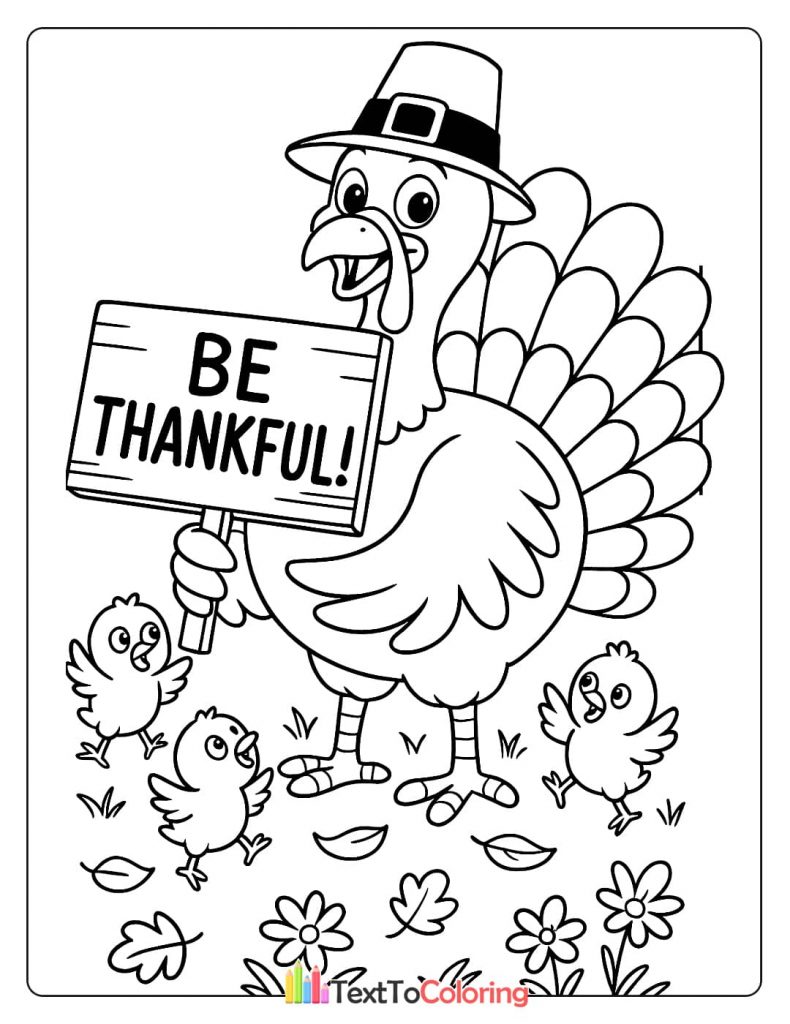 Cartoon turkey wearing pilgrim hat holding be thankful sign with baby chicks fall flowers coloring page
