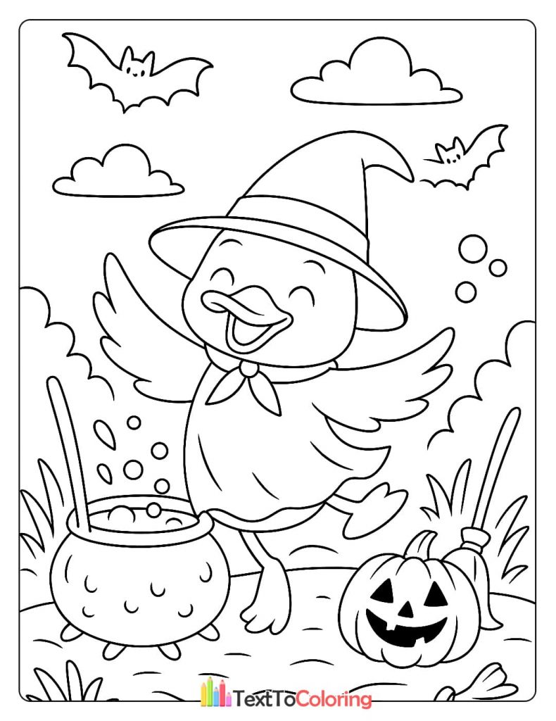 Excited duckling witch dancing next to a bubbling cauldron with a broom and pumpkin Halloween coloring