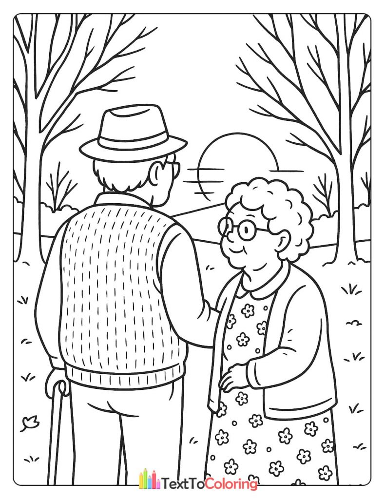 Elderly couple holding hands walking at sunset fall trees coloring page