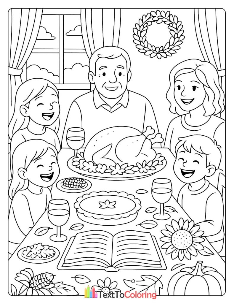 Family gathering around table with turkey pie wine glasses open book Thanksgiving coloring page