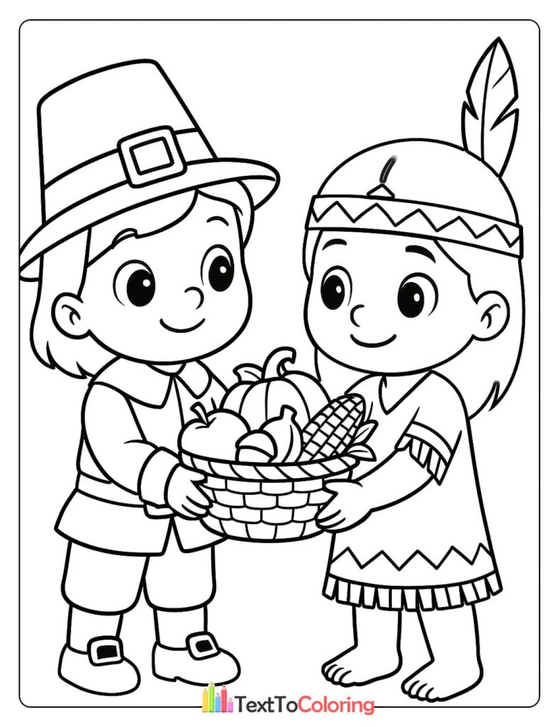 Pilgrim Boy Native American Girl Sharing Basket of Harvest Food