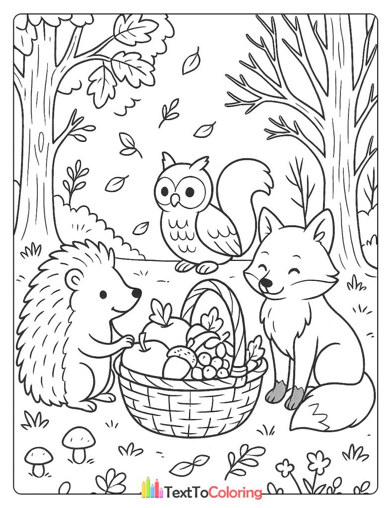 Cute forest animals hedgehog fox owl sharing a basket of autumn harvest food coloring page