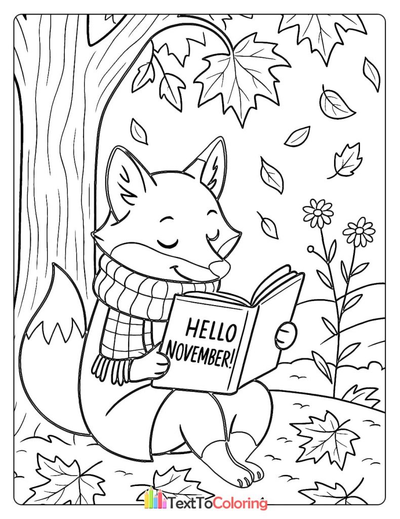 Cute fox in scarf sitting under tree reading hello november book fall leaves coloring page