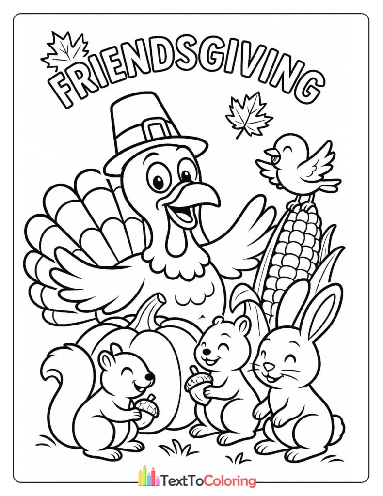 Friendsgiving Turkey Squirrel Rabbit Bird Corn Pumpkin Acorn