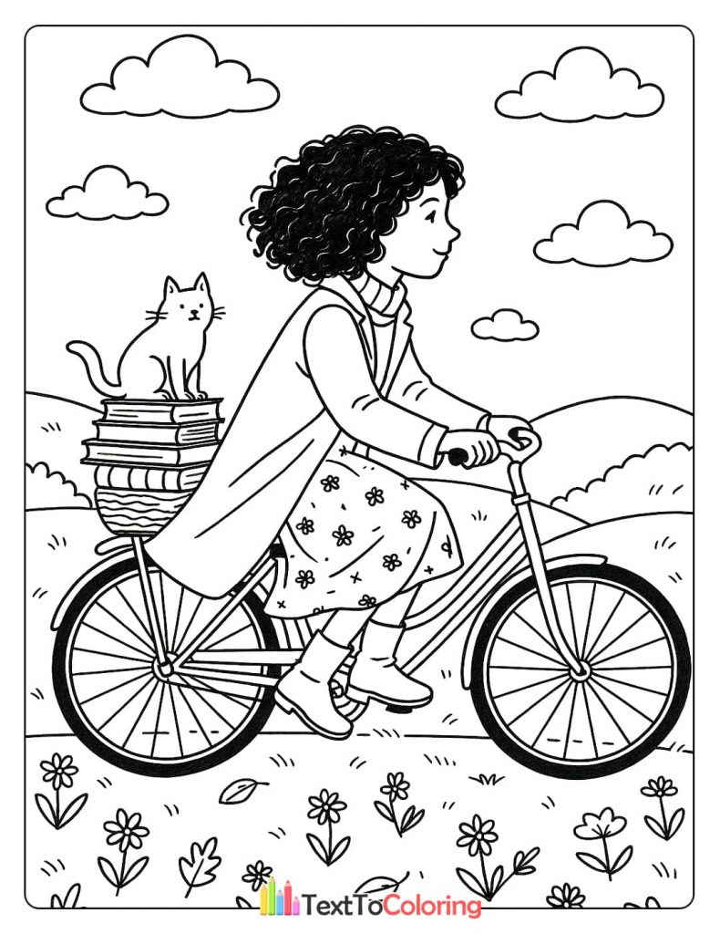 Girl with curly hair riding bicycle with stack of books and cat on back in a field coloring page