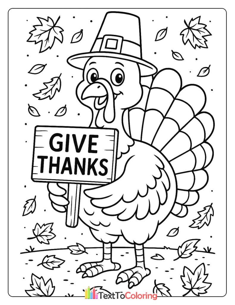 Cartoon turkey wearing pilgrim hat holding give thanks sign falling leaves Thanksgiving coloring page
