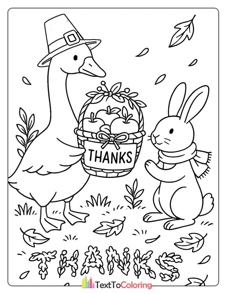 Goose in pilgrim hat and rabbit with scarf with thanks apple basket autumn leaves coloring page