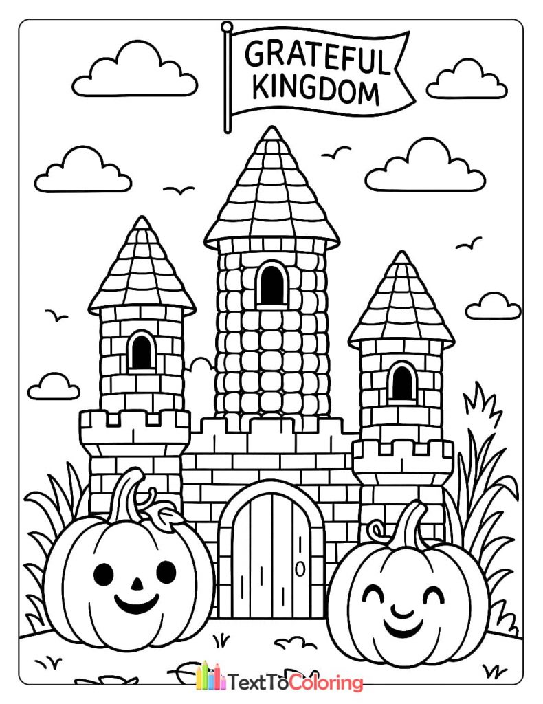 Grateful Kingdom Banner Stone Castle Two Happy Pumpkins