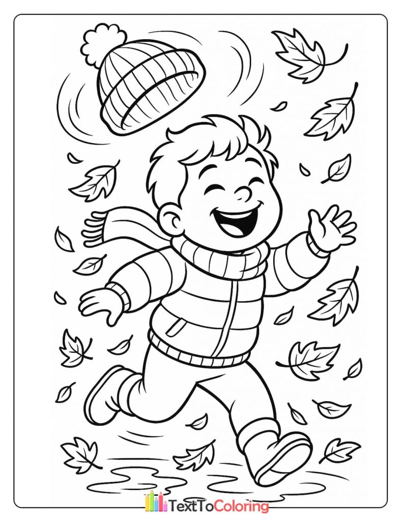Smiling boy in warm clothes playing running with flying knit hat autumn leaves coloring page