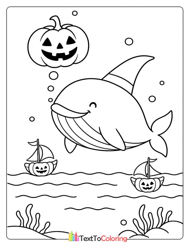 Cute whale with witch hat and jack o lantern bubbles underwater Halloween coloring sheet