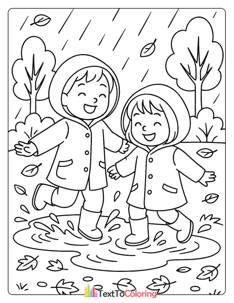 Two happy children in raincoats and boots jumping in a puddle on a rainy autumn day coloring page