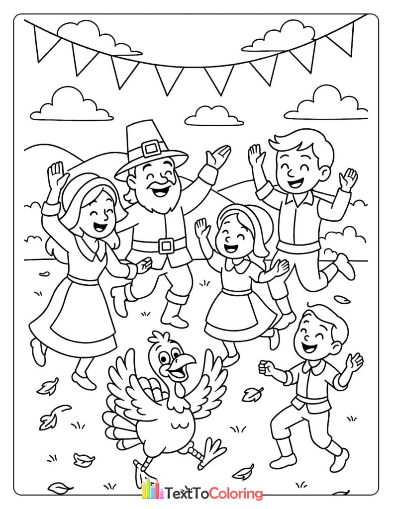 Pilgrim Family Dancing With A Happy Turkey Banner Clouds