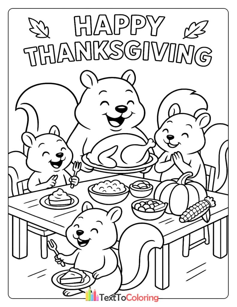 Squirrel Family Eating Thanksgiving Dinner Roasted Turkey Pie