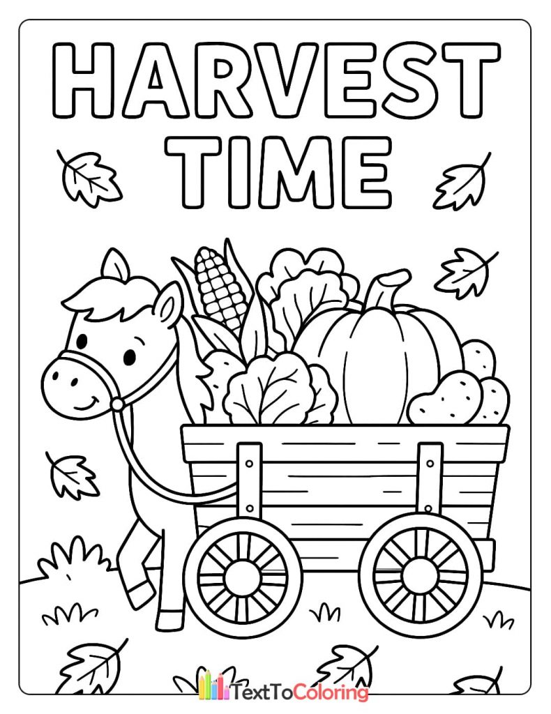 Horse Pulling Cart Full Of Vegetables Corn Pumpkin Potatoes Harvest Time