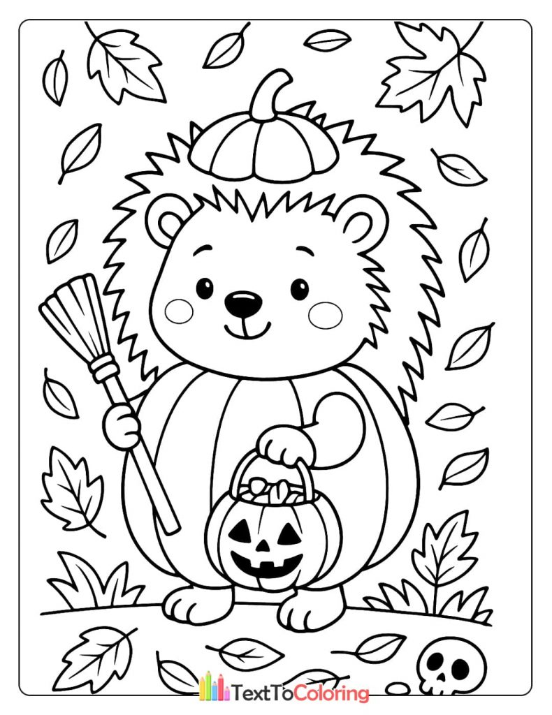 Chubby hedgehog in a pumpkin costume holding a broom and jack o lantern candy bucket autumn leaves Halloween coloring