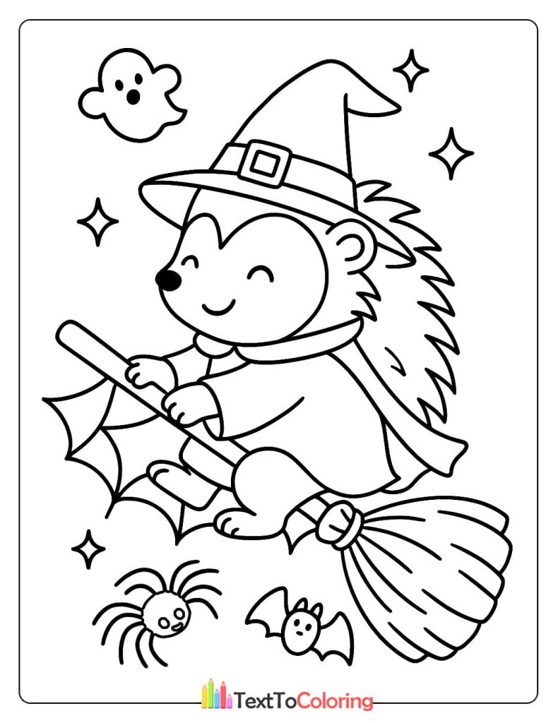 Smiling hedgehog wearing a witch hat and scarf riding a broomstick with a ghost spider and bat Halloween coloring