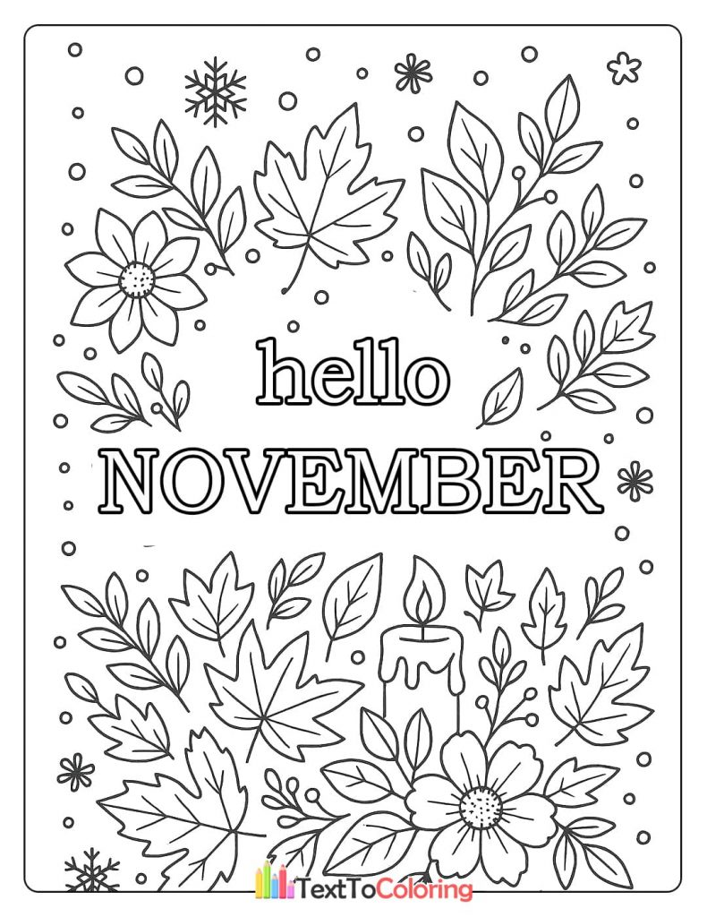 Hello November text surrounded by autumn leaves flowers snowflakes candle wreath coloring page