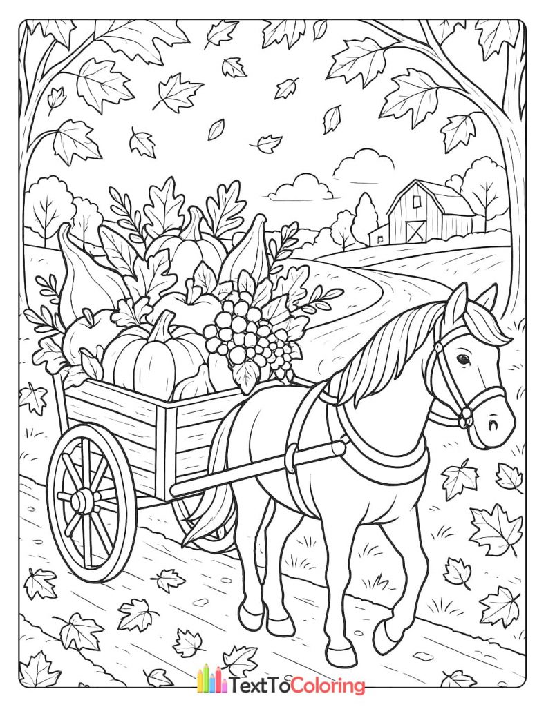 Horse pulling wooden wagon filled with pumpkins gourds grapes farm setting coloring page