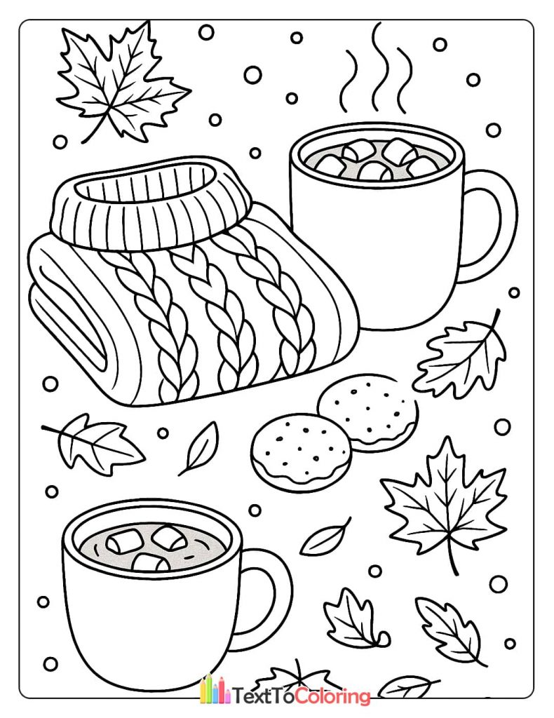 Two mugs of hot chocolate with marshmallows cozy knit sweater cookies fall leaves coloring page