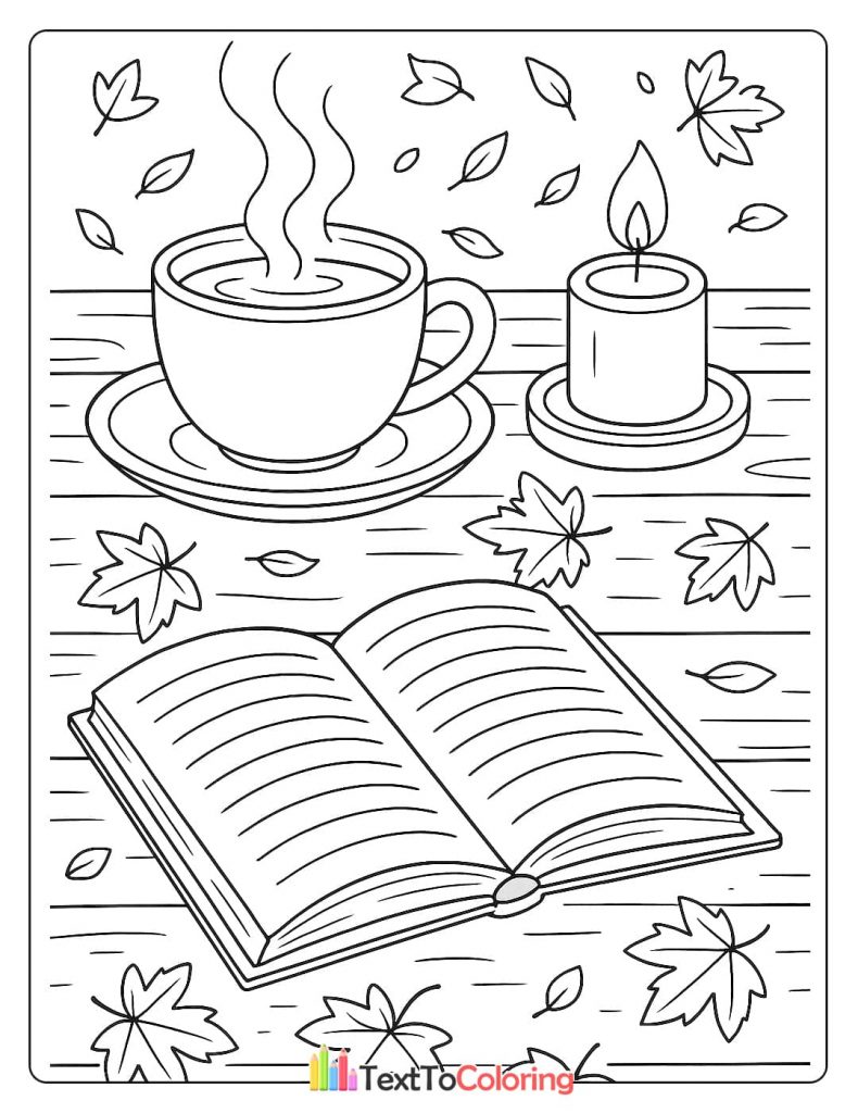 Steaming cup hot drink open book candle fall leaves wood table coloring page