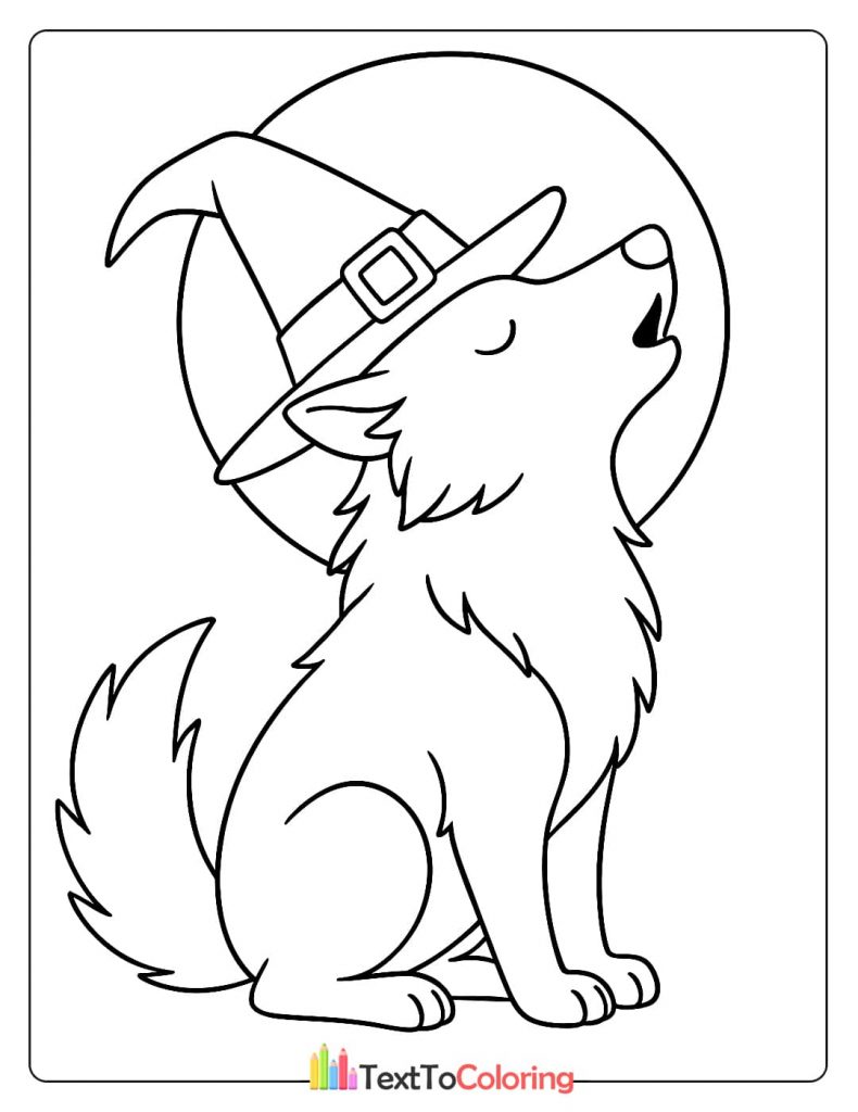 Werewolf or wolf wearing a witch hat howling at the moon Halloween coloring page