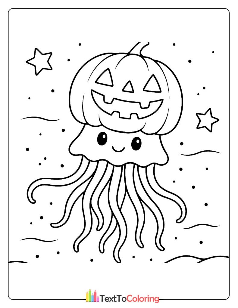Kawaii jellyfish wearing a jack o lantern as a hat floating in the starry ocean Halloween coloring