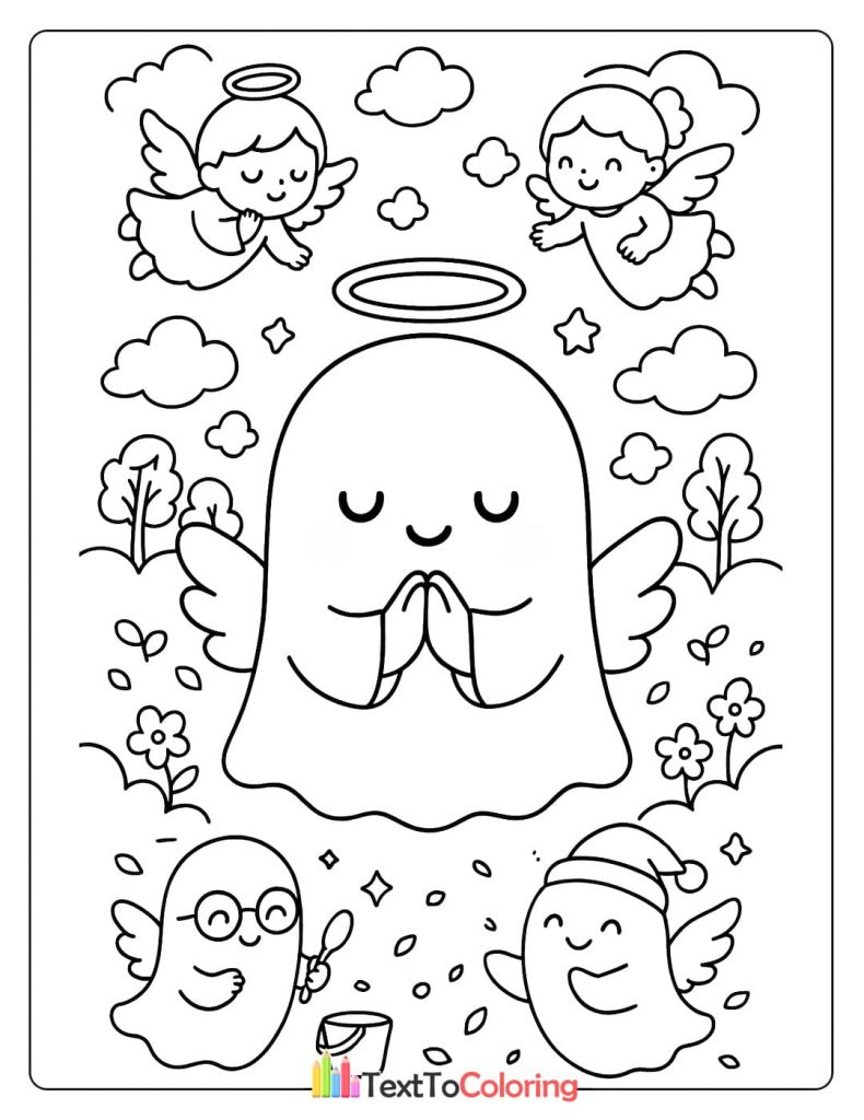 Cute ghost with a halo and wings praying surrounded by baby angels and flowers