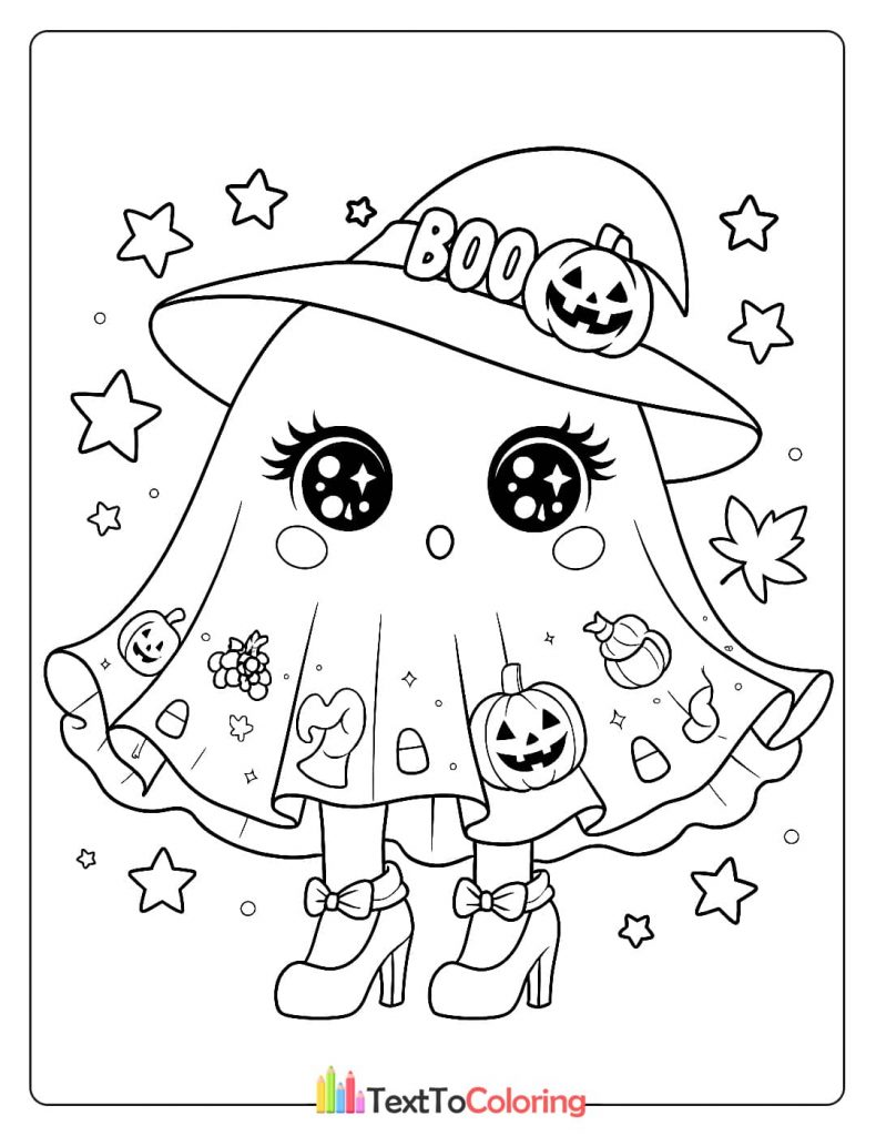 Cute ghost with a Boo witch hat and high heels surrounded by stars and candy