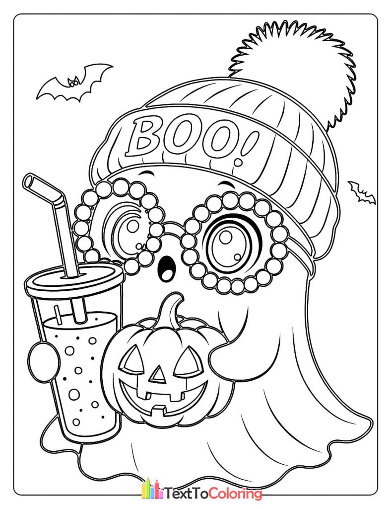 Cute ghost with a Boo beanie pearl glasses and a pumpkin holding a cold drink with a straw