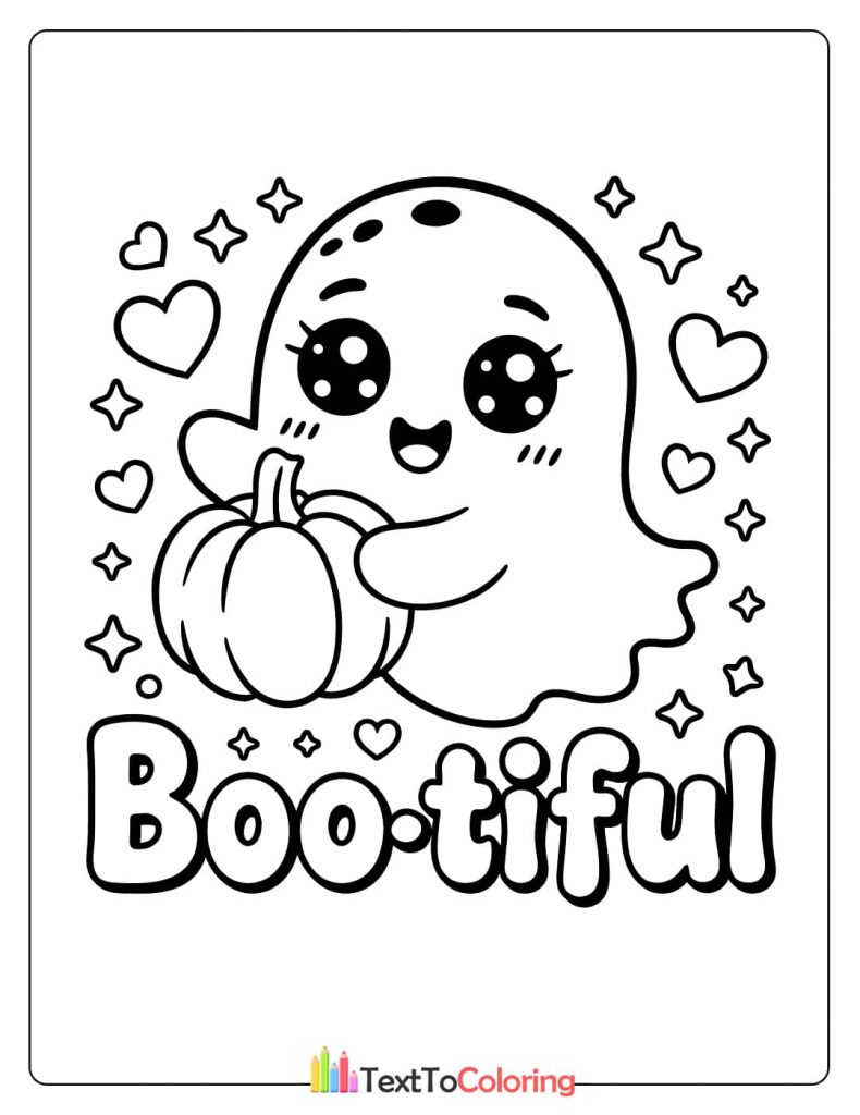 Cute ghost holding a pumpkin above the word Boo-tiful surrounded by hearts and stars