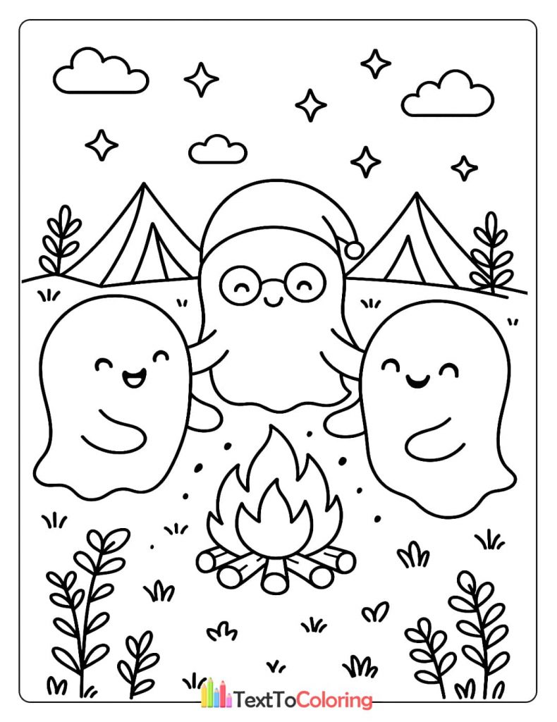 Three cute ghosts sitting around a campfire with two tents in the background at night
