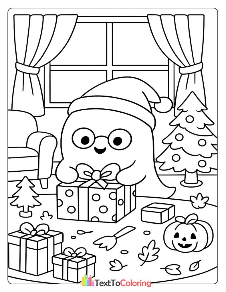 Cute ghost with glasses and a santa hat leaning on a polka dot gift box in a decorated room