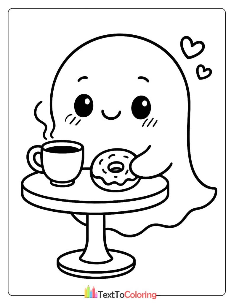 Cute ghost sitting at table drinking coffee and eating a donut coloring sheet