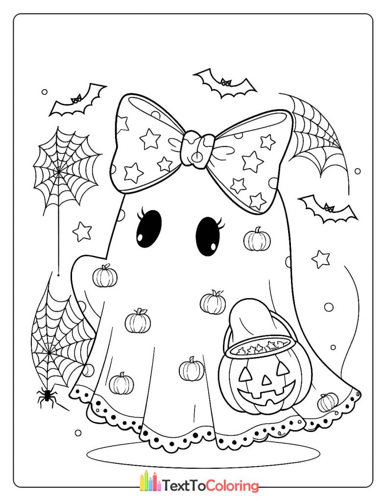 Cute ghost with a big bow holding a pumpkin trick or treat pail surrounded by spiderwebs and bats