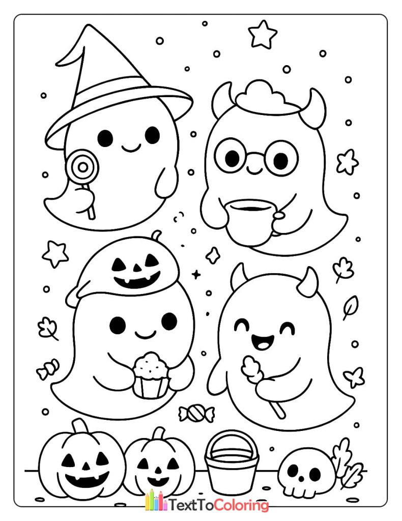Four cute ghosts dressed as a witch devil and pumpkin eating candy and a cupcake
