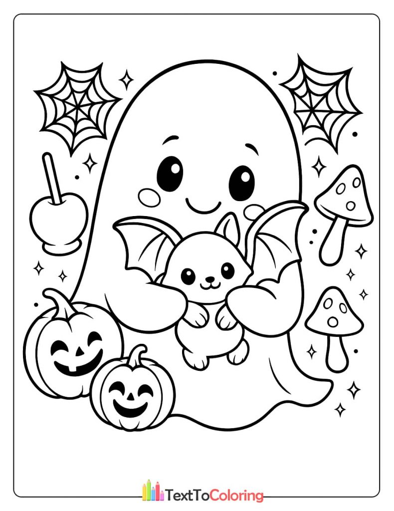 Cute ghost hugging a small bat surrounded by pumpkins mushrooms and a candy apple