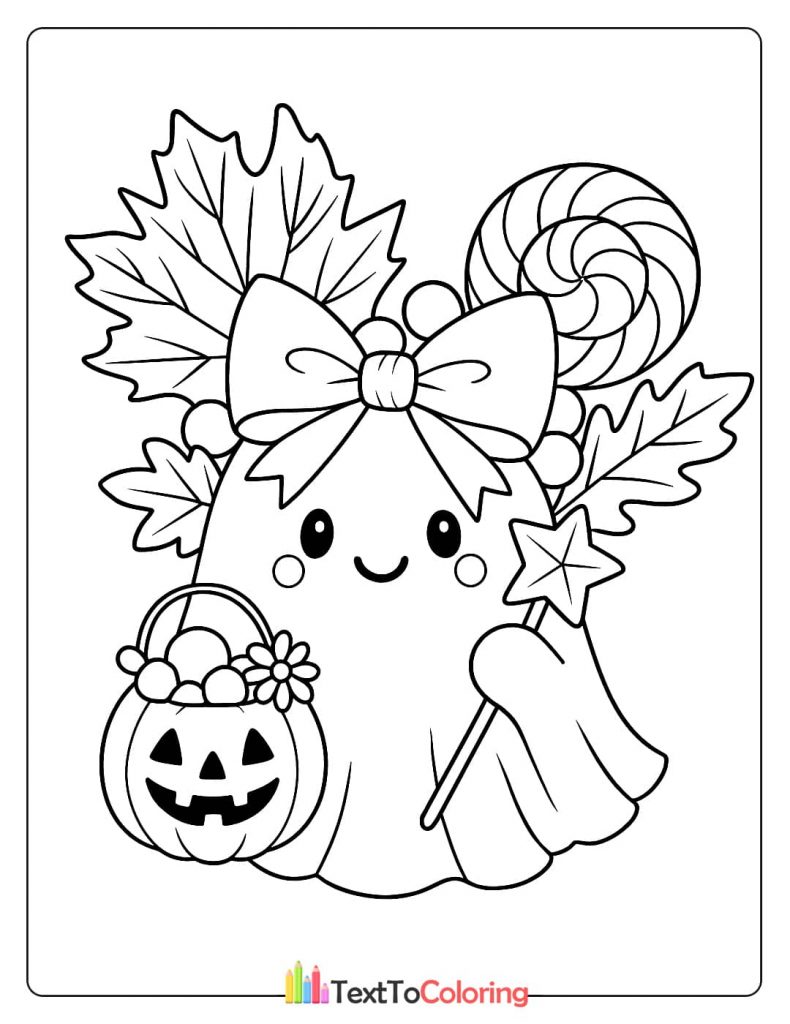 Cute ghost with a bow holding a pumpkin pail and magic wand with a giant lollipop and fall leaves