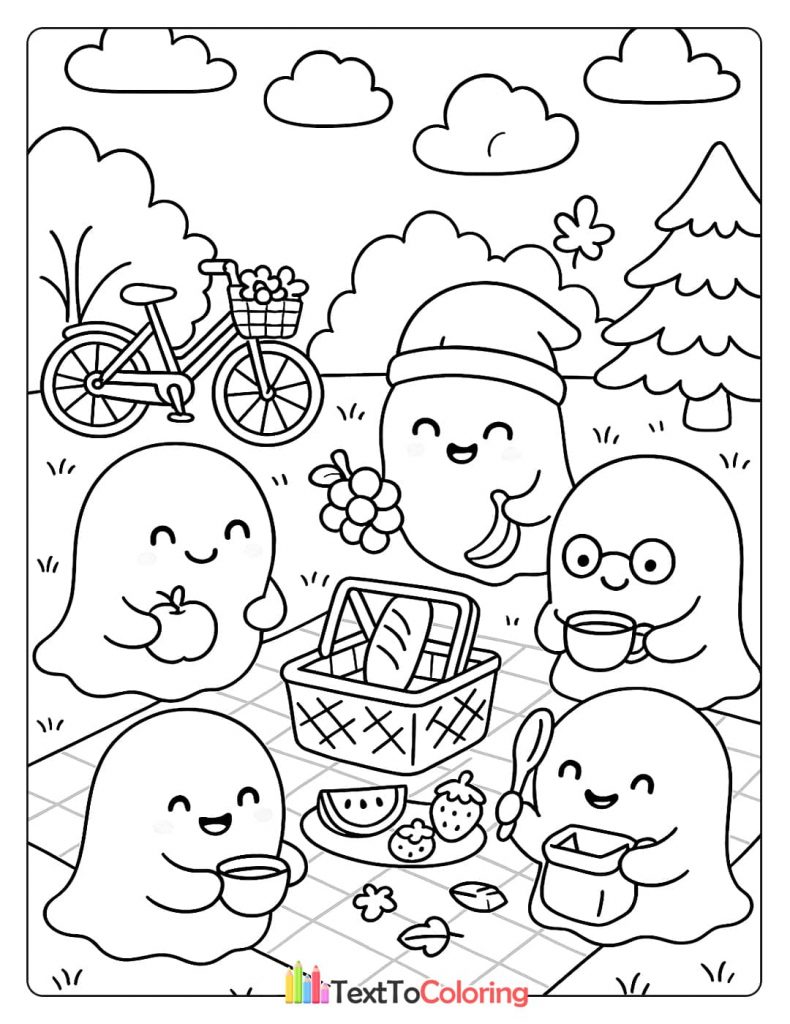 Five cute ghosts having a picnic with a basket fruit and food outdoors with a bicycle